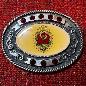 Vintage Classic Hardware Love & Rose belt buckle w red gems RARE